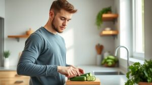 a man cutting cucumber